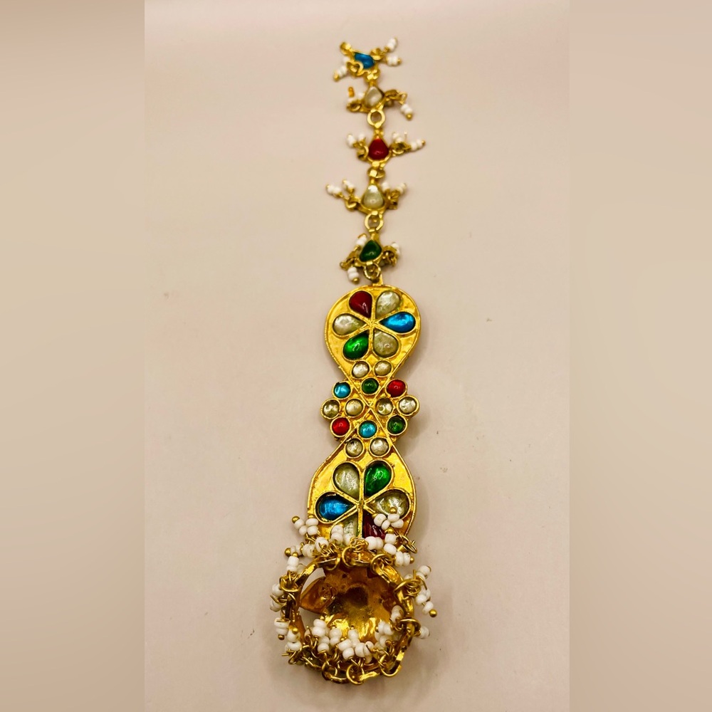 Gold plated maang tikka w/ colorful beads for women. Indian head piece. Wedding